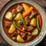 Slow cooker beef kaldereta - the image is a close-up of a bowl of food on a wooden table. the bowl is made of ceramic and has a dark brown color. the food in the bowl appears to be a stew or stew with chunks of beef, potatoes, and vegetables. the beef is cooked in a tomato-based sauce and is garnished with green olives and red and yellow bell peppers. the vegetables are cut into small cubes and are arranged in a circular pattern around the beef. the dish looks appetizing and ready to eat.