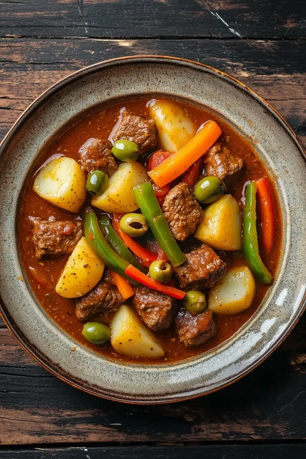 Slow cooker beef kaldereta - the image is a close-up of a bowl of food on a wooden table. the bowl is made of ceramic and has a dark brown color. the food in the bowl appears to be a stew or stew with chunks of beef, potatoes, and vegetables. the beef is cooked in a tomato-based sauce and is garnished with green olives and red and yellow bell peppers. the vegetables are cut into small cubes and are arranged in a circular pattern around the beef. the dish looks appetizing and ready to eat.