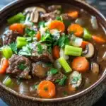 Slow cooker beef mushroom - the image is a close-up of a bowl of beef stew. the stew is made with chunks of beef, carrots, celery, onions, and mushrooms. the beef is cooked in a rich, dark brown broth and is garnished with fresh parsley. the vegetables are bright orange and appear to be cooked to perfection. the bowl is made of ceramic and is sitting on a dark, textured surface. the background is blurred, making the bowl the focal point of the image.