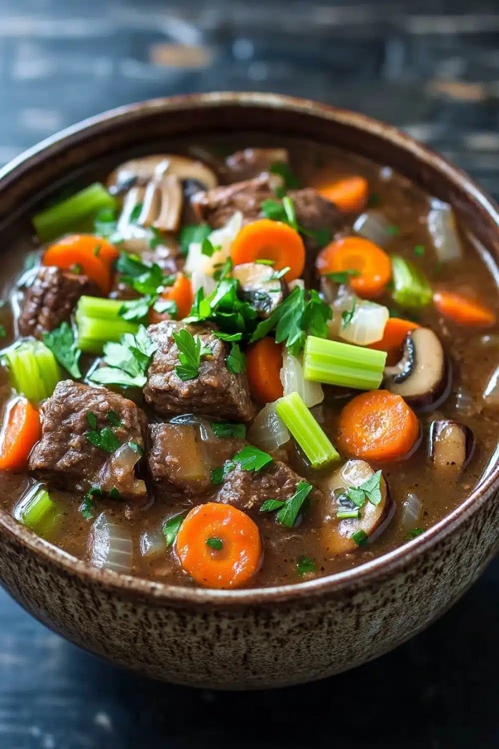 Slow cooker beef mushroom - the image is a close-up of a bowl of beef stew. the stew is made with chunks of beef, carrots, celery, onions, and mushrooms. the beef is cooked in a rich, dark brown broth and is garnished with fresh parsley. the vegetables are bright orange and appear to be cooked to perfection. the bowl is made of ceramic and is sitting on a dark, textured surface. the background is blurred, making the bowl the focal point of the image.
