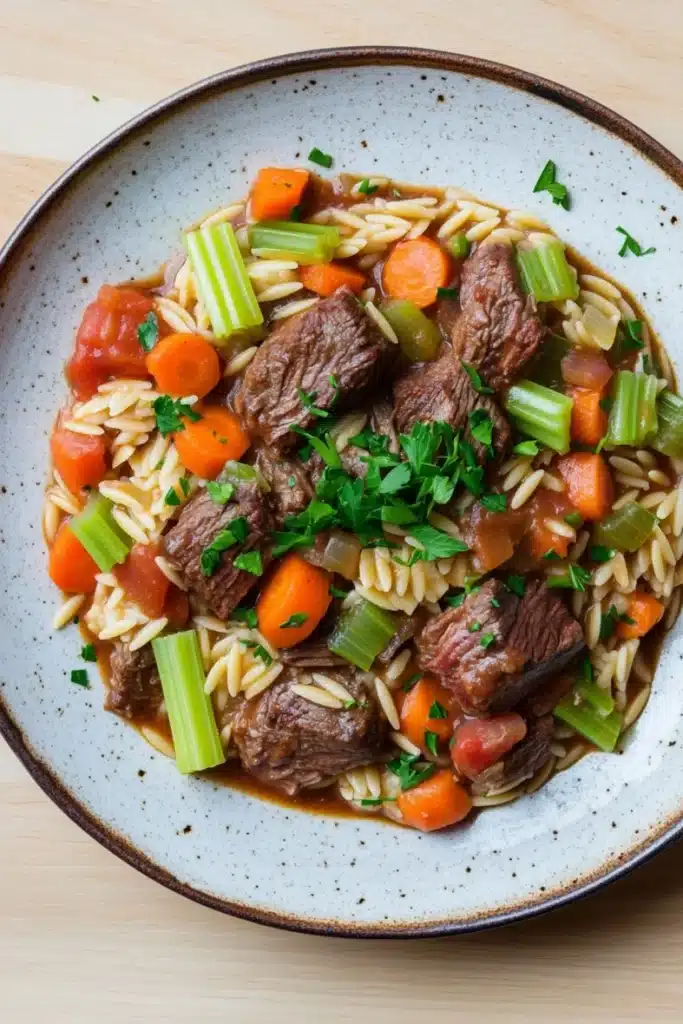 Slow cooker beef orzo - the image is a close-up of a bowl of beef stew. the bowl is made of ceramic and has a light brown color with a speckled pattern. the beef is cooked medium-rare and appears to be beef tenderloin. it is garnished with chopped green onions, carrots, and celery. the noodles are long and thin, and the stew is a rich, dark brown color. the vegetables are bright orange and appear to be cooked in a tomato-based sauce. the dish is served on a wooden table.