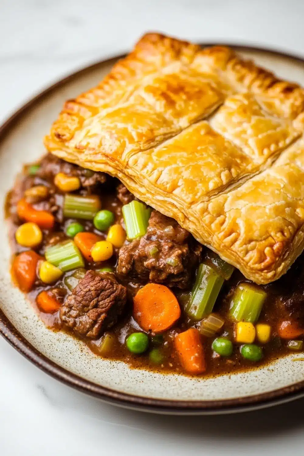 Slow cooker beef pot pie - the image shows a plate of beef stew with a golden brown crust on top. the beef stew is made with chunks of beef, carrots, peas, corn, and other vegetables, all cooked in a rich, dark brown sauce. the dish is served on a white plate with a brown rim. the background is blurred, but it appears to be a kitchen countertop. the overall color scheme of the dish is warm and inviting.