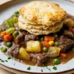 Slow cooker beef pot pie - the image shows a plate of beef stew with a biscuit on top. the stew is made with chunks of beef, potatoes, carrots, and peas, and is garnished with chopped parsley. the plate is white with a blue rim and is sitting on a wooden table. the biscuits are golden brown and appear to be freshly baked. the background is blurred, but it appears to be a kitchen countertop.