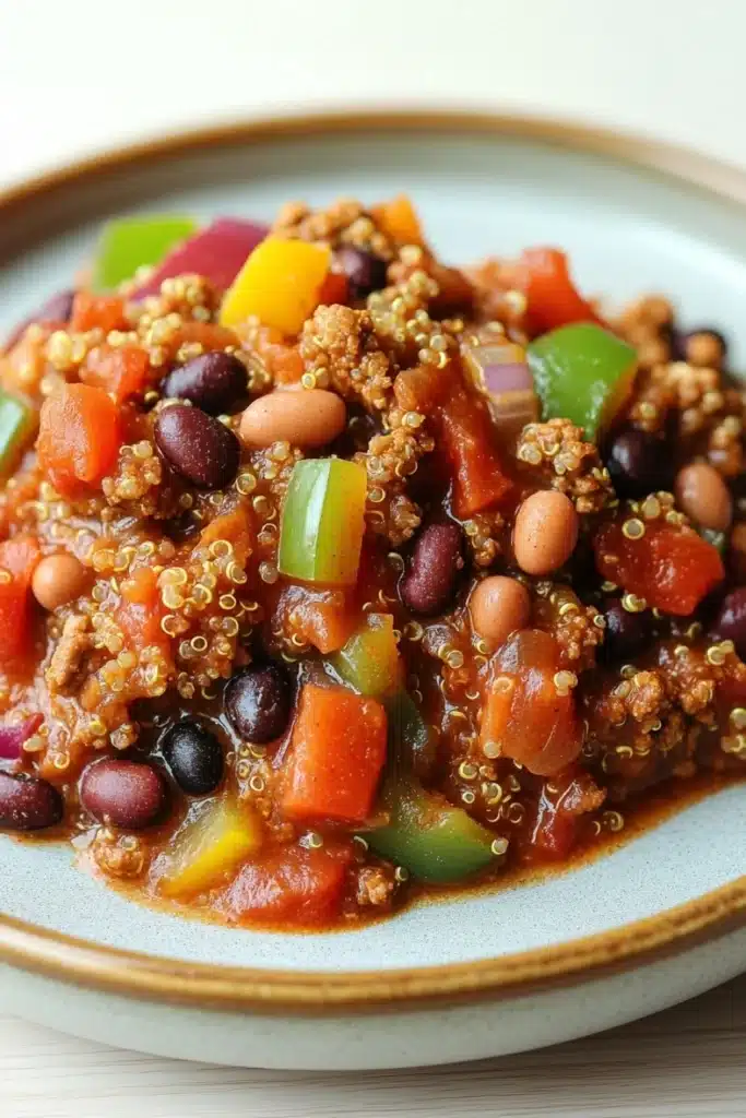 Slow cooker turkey quinoa chili - the image is a close-up of a plate of food. the plate is white with a gold rim and is placed on a wooden table. the food appears to be a dish made with ground beef, black beans, red and green bell peppers, and other vegetables. the beef is cooked to a golden brown color and is topped with a sprinkle of quinoa. the vegetables are cut into small cubes and are scattered throughout the dish. the dish looks appetizing and ready to eat.