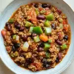 Slow cooker turkey quinoa chili - the image is a close-up of a bowl of chili. the bowl is made of ceramic and has a light blue rim. the chili is made up of quinoa, black beans, red kidney beans, diced carrots, and green bell peppers. the quinoa is a reddish-brown color and appears to be cooked until it is soft and fluffy. there are also small pieces of diced onions scattered throughout the chili, adding a pop of color to the dish. the dish is sitting on a white wooden table.