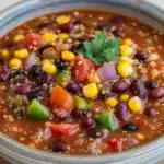 Slow cooker vegetarian quinoa chili - the image is a close-up of a bowl of chili. the bowl is made of ceramic and has a light blue rim. the chili is a rich orange color and appears to be thick and hearty. it is filled with various ingredients such as black beans, corn kernels, red bell peppers, and green onions. there is also a sprig of parsley on top of the chili, adding a pop of green color to the dish. the background is white, making the colors of the ingredients stand out.