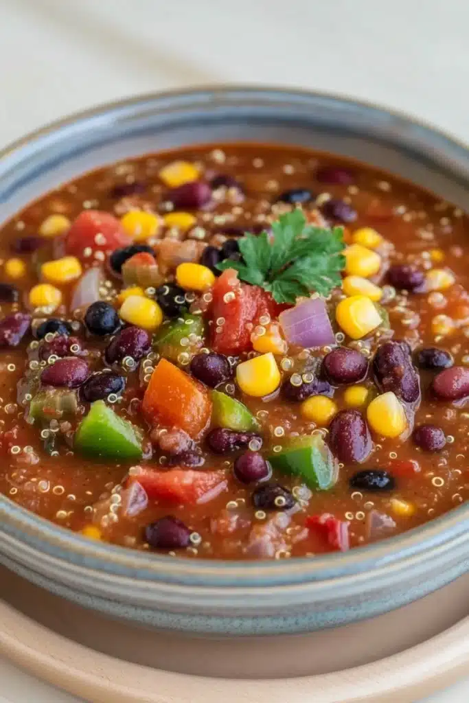 Slow cooker vegetarian quinoa chili - the image is a close-up of a bowl of chili. the bowl is made of ceramic and has a light blue rim. the chili is a rich orange color and appears to be thick and hearty. it is filled with various ingredients such as black beans, corn kernels, red bell peppers, and green onions. there is also a sprig of parsley on top of the chili, adding a pop of green color to the dish. the background is white, making the colors of the ingredients stand out.
