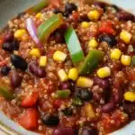 Slow cooker vegetarian quinoa chili - the image is a close-up of a bowl of chili. the chili appears to be made with black beans, corn kernels, and red bell peppers. the beans are mixed in with a red sauce, and there are also some green bell peppers scattered throughout the dish. the dish is garnished with a sprinkle of sesame seeds. the bowl is sitting on a wooden table.