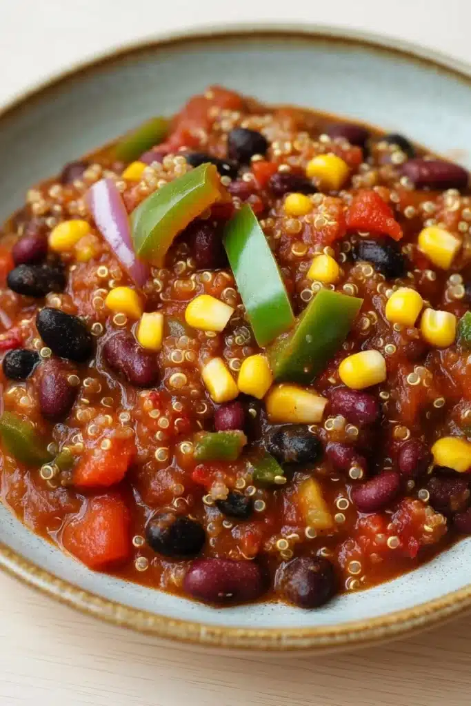 Slow cooker vegetarian quinoa chili - the image is a close-up of a bowl of chili. the chili appears to be made with black beans, corn kernels, and red bell peppers. the beans are mixed in with a red sauce, and there are also some green bell peppers scattered throughout the dish. the dish is garnished with a sprinkle of sesame seeds. the bowl is sitting on a wooden table.