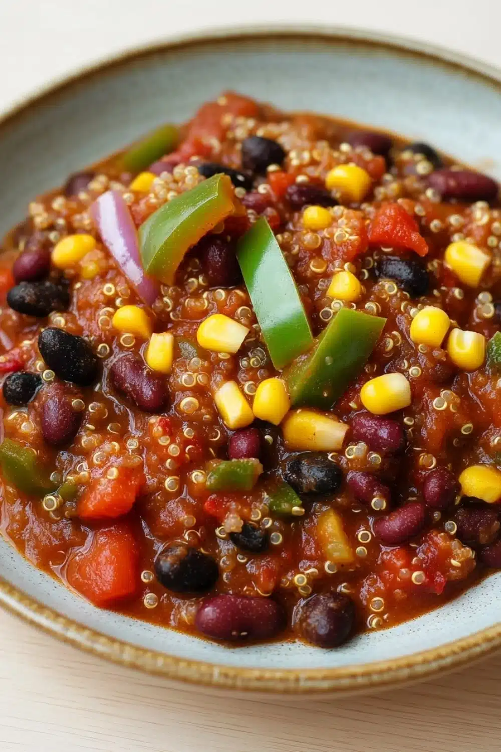 Slow cooker vegetarian quinoa chili - the image is a close-up of a bowl of chili. the chili appears to be made with black beans, corn kernels, and red bell peppers. the beans are mixed in with a red sauce, and there are also some green bell peppers scattered throughout the dish. the dish is garnished with a sprinkle of sesame seeds. the bowl is sitting on a wooden table.