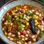 Slow cooker vegetarian white bean chili - the image is a close-up of a bowl of chili. the bowl is made of ceramic and is sitting on a wooden table. the chili is a rich orange color and appears to be made with beans, corn, and other vegetables. there are also chunks of red and green bell peppers scattered throughout the dish. on the right side of the bowl, there is a green chili pepper. the background is blurred, but it seems to be a kitchen countertop.