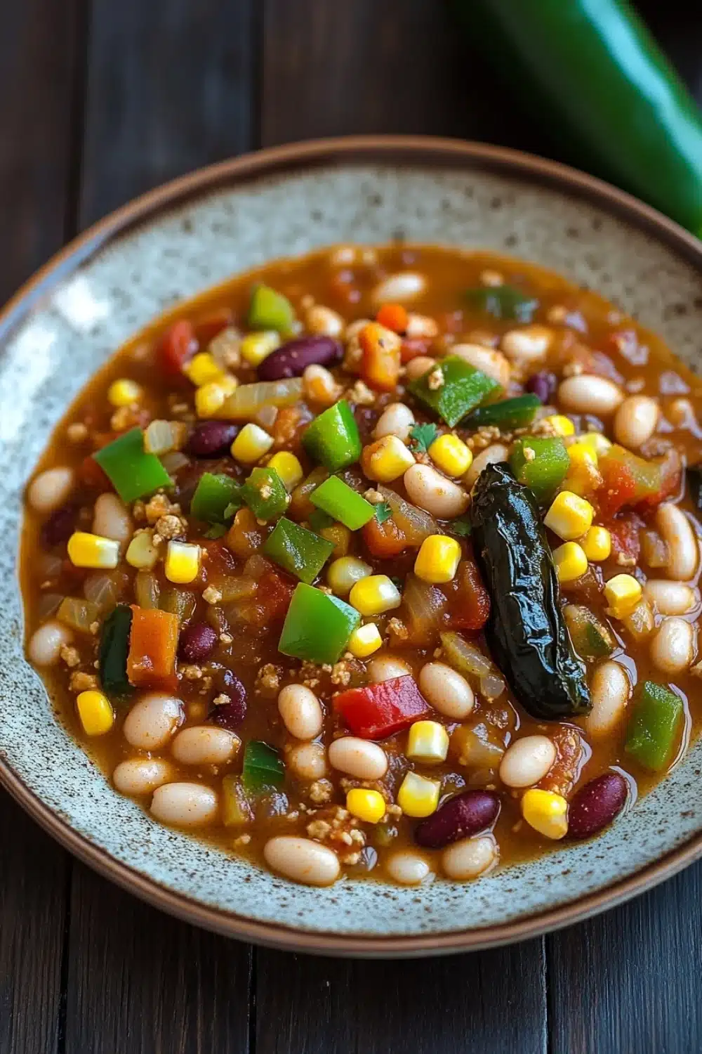 Slow cooker vegetarian white bean chili - the image is a close-up of a bowl of chili. the bowl is made of ceramic and is sitting on a wooden table. the chili is a rich orange color and appears to be made with beans, corn, and other vegetables. there are also chunks of red and green bell peppers scattered throughout the dish. on the right side of the bowl, there is a green chili pepper. the background is blurred, but it seems to be a kitchen countertop.