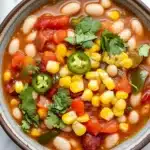 Slow cooker vegetarian white bean chili - the image is a close-up of a bowl of soup. the soup appears to be made with white beans, corn kernels, red bell peppers, and other vegetables. the bowl is made of ceramic and has a brown rim. there are also some fresh cilantro leaves scattered throughout the soup, adding a pop of green color to the dish. the background is a white marble countertop.