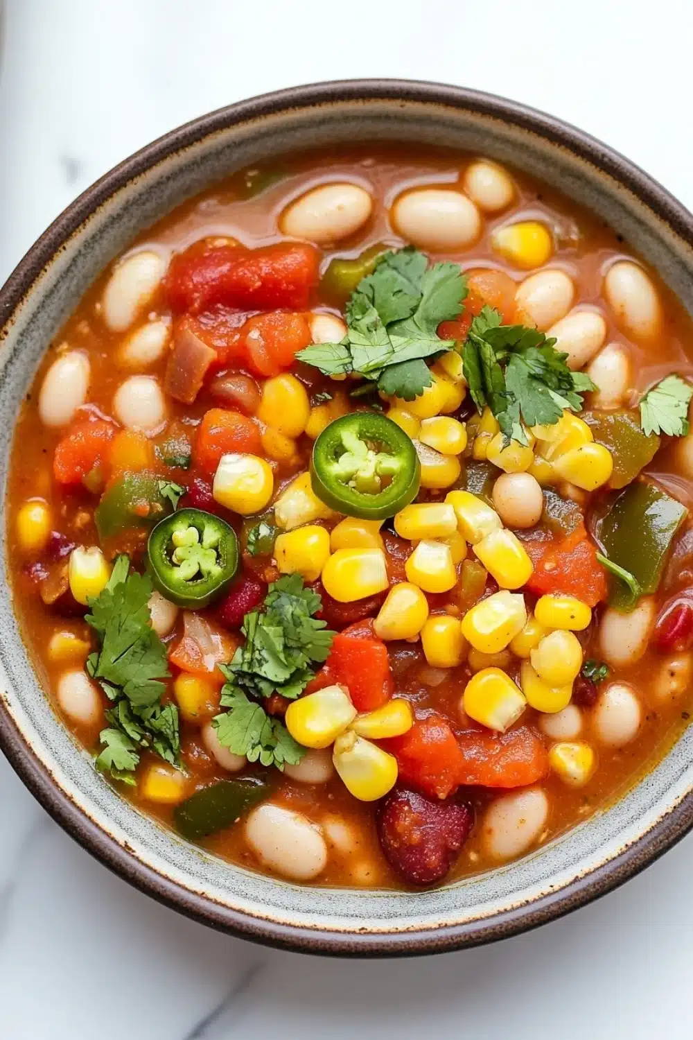 Slow cooker vegetarian white bean chili - the image is a close-up of a bowl of soup. the soup appears to be made with white beans, corn kernels, red bell peppers, and other vegetables. the bowl is made of ceramic and has a brown rim. there are also some fresh cilantro leaves scattered throughout the soup, adding a pop of green color to the dish. the background is a white marble countertop.