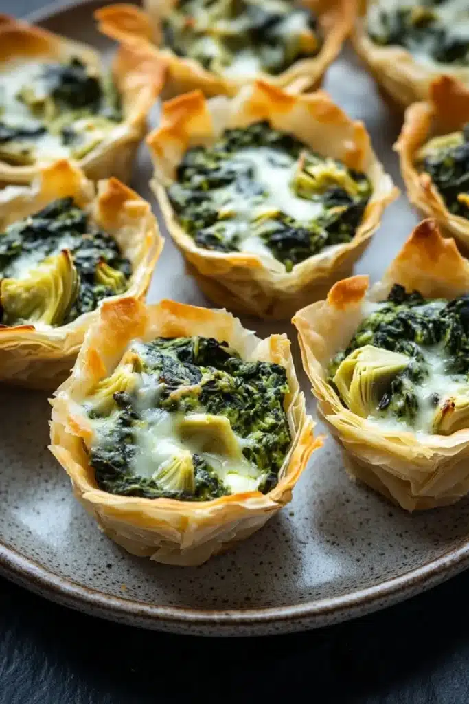 Spinach artichoke dip filo cups - the image shows a plate of small, golden-brown wonton cups filled with a mixture of spinach and artichokes. the wontons are arranged in a circular pattern on the plate, with some overlapping each other. the spinach is a vibrant green color and appears to be cooked until it is soft and fluffy. the cheese is melted and bubbly, and the wontons have a golden brown crust on top. the plate is sitting on a dark, textured surface.