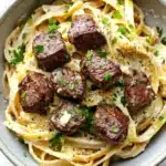 Steak bites with garlic parmesan pasta - the image is a close-up of a bowl of pasta dish. the pasta appears to be fettuccine alfredo, which is a type of italian pasta. the dish is garnished with chopped parsley and a sprinkle of parmesan cheese. the meat is cooked medium-rare and has a dark brown color. the bowl is made of ceramic and is sitting on a white marble countertop.