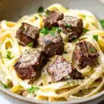 Steak bites with garlic parmesan pasta - the image is a close-up of a bowl of pasta dish. the pasta appears to be fettuccine alfredo, which is a type of italian pasta. the dish is garnished with chopped parsley and a sprinkle of herbs. the meat is cooked medium-rare and has a dark brown color. the bowl is made of ceramic and is sitting on a white marble countertop. the overall presentation of the dish is elegant and appetizing.