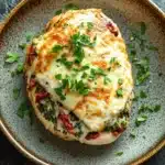 Stuffed chicken breast tuscan - the image shows a plate with a stuffed chicken breast on it. the chicken breast is golden brown and appears to be stuffed with a mixture of spinach, red bell peppers, and cheese. the cheese is melted and bubbly on top, and there are a few sprigs of parsley scattered around the plate. the plate is made of a light-colored ceramic with a speckled texture. the background is a dark grey countertop.