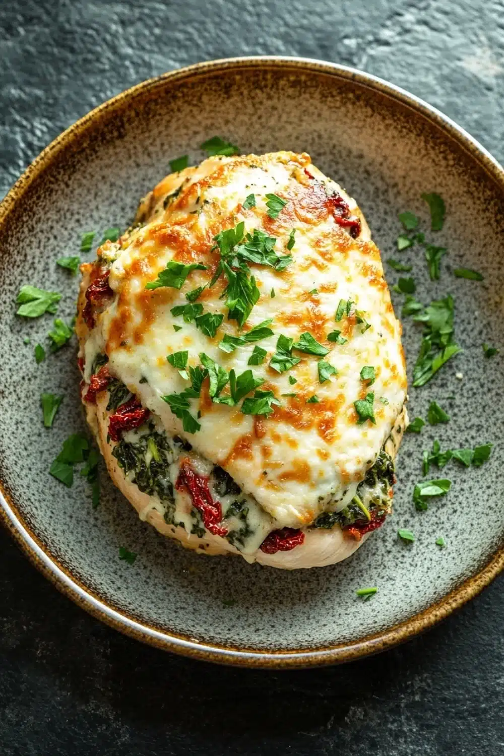 Stuffed chicken breast tuscan - the image shows a plate with a stuffed chicken breast on it. the chicken breast is golden brown and appears to be stuffed with a mixture of spinach, red bell peppers, and cheese. the cheese is melted and bubbly on top, and there are a few sprigs of parsley scattered around the plate. the plate is made of a light-colored ceramic with a speckled texture. the background is a dark grey countertop.