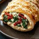 Stuffed chicken breast tuscan - the image shows a close-up of a dish on a black plate. the dish appears to be a stuffed chicken roll, with a golden-brown crust on top. the chicken is covered in a creamy white sauce, which is drizzled over the top with grated parmesan cheese. on top of the chicken, there are chunks of spinach and red sun-dried tomatoes. the plate is sitting on a dark grey countertop.