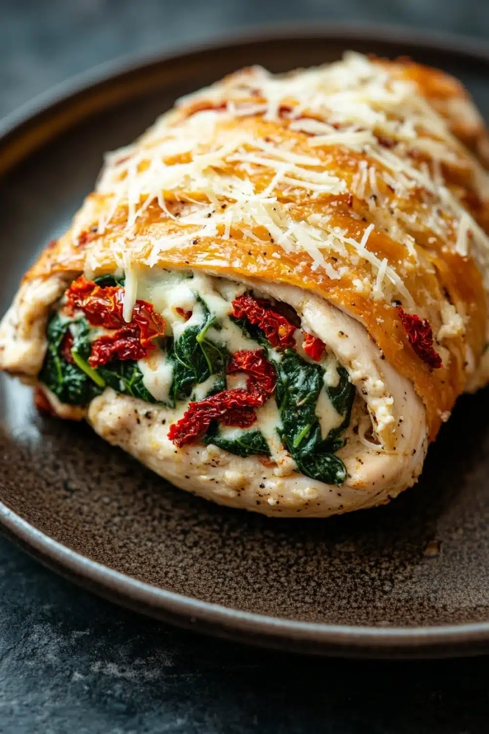 Stuffed chicken breast tuscan - the image shows a close-up of a dish on a black plate. the dish appears to be a stuffed chicken roll, with a golden-brown crust on top. the chicken is covered in a creamy white sauce, which is drizzled over the top with grated parmesan cheese. on top of the chicken, there are chunks of spinach and red sun-dried tomatoes. the plate is sitting on a dark grey countertop.