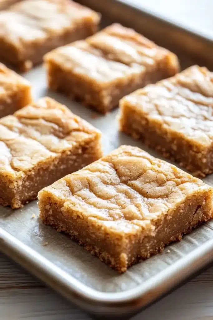Sugar cookie bar - the image shows a baking tray with six square-shaped bars on it. the bars are golden brown in color and have a crumbly texture on top. they appear to be freshly baked and are arranged in a neat row on the tray. the tray is lined with parchment paper and is placed on a wooden table. the background is blurred, but it appears to be a kitchen countertop.