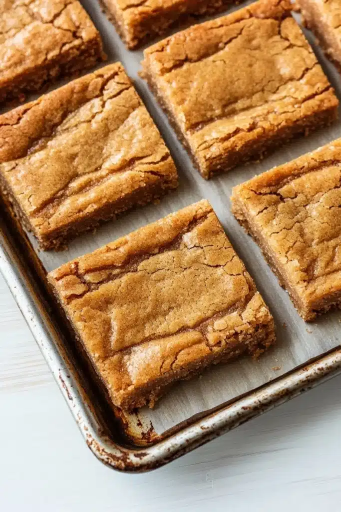Sugar cookie bar - the image shows a baking tray lined with square-shaped brownies. the brownies have a crumbly texture and appear to be freshly baked. they are arranged in a single layer on the tray, with some overlapping each other. the tray is placed on a white wooden surface, and the background is blurred, making the brownies the focal point of the image.