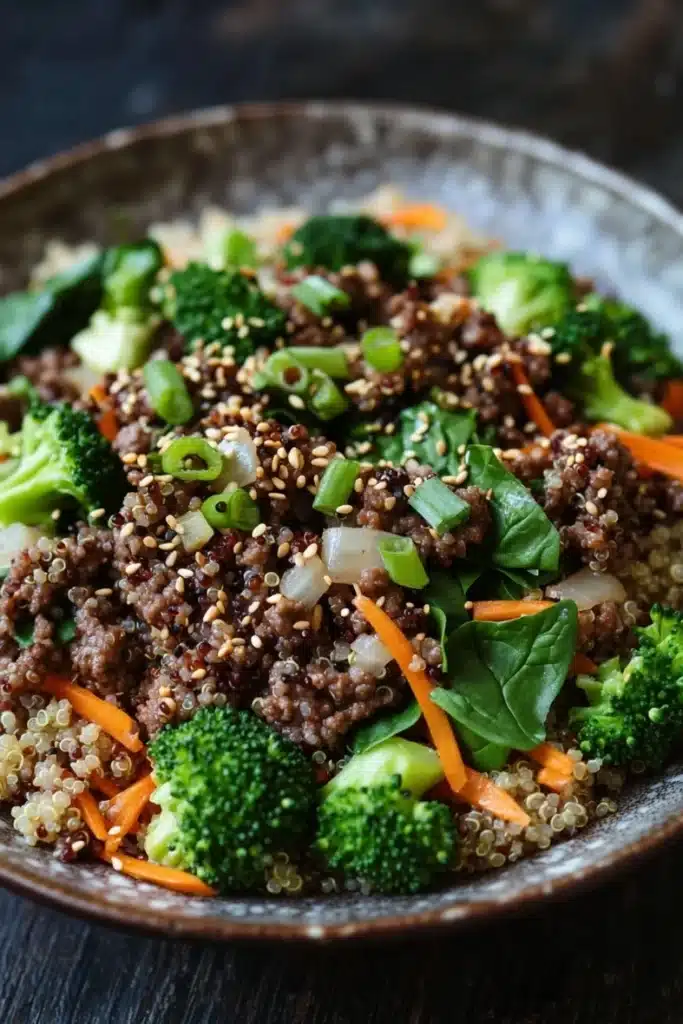 Viral high protein beef bowl - the image is a close-up of a bowl of food. the bowl is made of dark brown ceramic and is placed on a dark wooden table. the food appears to be a stir-fry dish with quinoa, broccoli, carrots, and green onions. the quinoa is a light brown color and is mixed with various vegetables such as sliced carrots, green onions, and spinach. the vegetables are bright green and look fresh and vibrant. the dish looks appetizing and ready to eat.