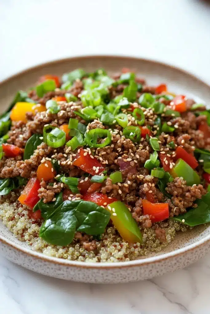 Viral high protein beef bowl - the image is a close-up of a bowl of food. the bowl is made of ceramic and has a light brown color. the food appears to be a salad with a variety of ingredients, including quinoa, red bell peppers, green onions, and sliced avocado. the quinoa is a light beige color and is scattered throughout the dish. the vegetables are bright red and appear to be fresh and vibrant. the dish is garnished with a sprinkle of sesame seeds. the background is a white marble countertop.