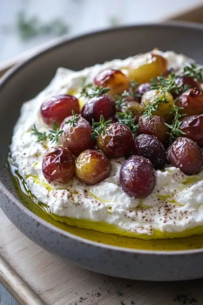 Whipped feta dip with roasted grapes - the image is a close-up of a dish in a gray bowl. the dish appears to be a type of hummus or dip, with a creamy white filling and a layer of red and yellow olives on top. the olives are arranged in a circular pattern, with some of them overlapping each other. there are also some sprigs of thyme scattered on top, adding a pop of green color to the dish. the bowl is sitting on a wooden table, and there is a wooden spoon resting on the side of the bowl.