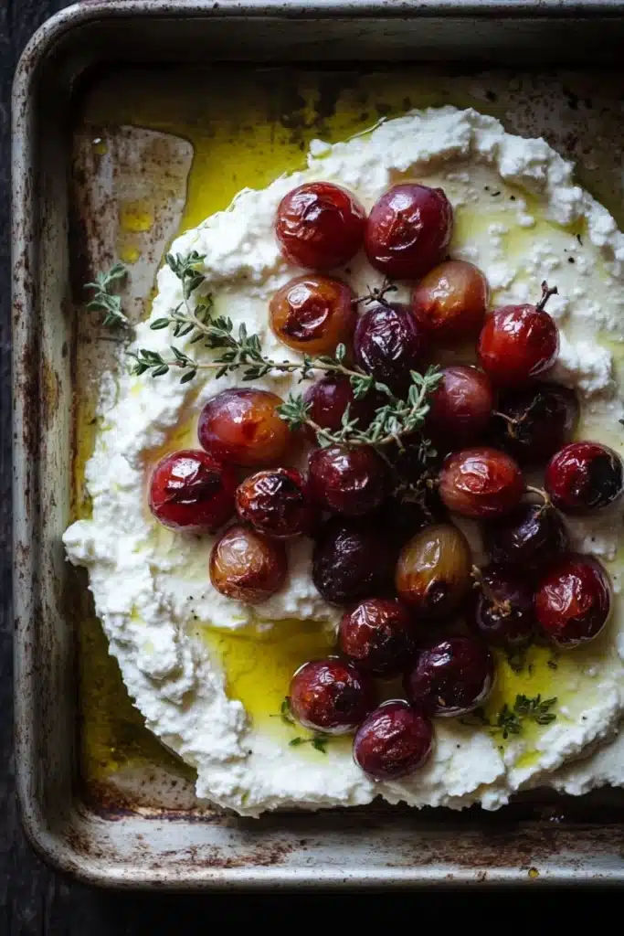 Whipped feta dip with roasted grapes - the image shows a rectangular baking dish filled with a creamy white substance, which appears to be ricotta or feta cheese. on top of the ricotta, there are several red cherries arranged in a circular pattern. the cherries are garnished with a sprig of thyme, adding a pop of green color to the dish. the dish is sitting on a dark wooden surface, and the overall color scheme of the image is warm and inviting.