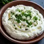 Whipped feta goat cheese dip - the image is a close-up of a bowl of hummus. the bowl is made of terracotta and is placed on a dark grey textured surface. the hummus is creamy and has a smooth texture. it is topped with a generous amount of chopped parsley, which adds a pop of green color to the dish. there are a few sprigs of parsley scattered around the bowl, adding texture and depth to the image. the overall aesthetic is rustic and appetizing.