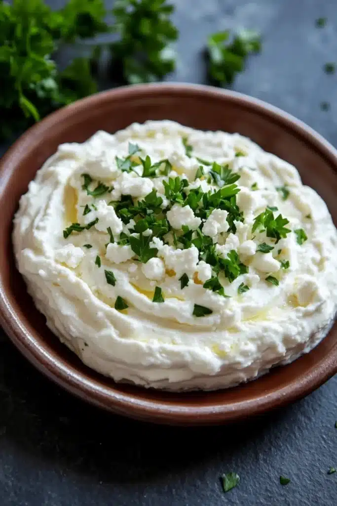 Whipped feta goat cheese dip - the image is a close-up of a bowl of hummus. the bowl is made of terracotta and is placed on a dark grey textured surface. the hummus is creamy and has a smooth texture. it is topped with a generous amount of chopped parsley, which adds a pop of green color to the dish. there are a few sprigs of parsley scattered around the bowl, adding texture and depth to the image. the overall aesthetic is rustic and appetizing.