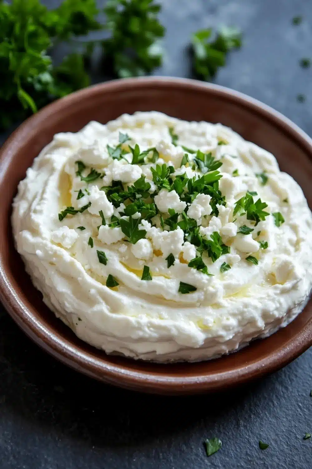 Whipped feta goat cheese dip - the image is a close-up of a bowl of hummus. the bowl is made of terracotta and is placed on a dark grey textured surface. the hummus is creamy and has a smooth texture. it is topped with a generous amount of chopped parsley, which adds a pop of green color to the dish. there are a few sprigs of parsley scattered around the bowl, adding texture and depth to the image. the overall aesthetic is rustic and appetizing.