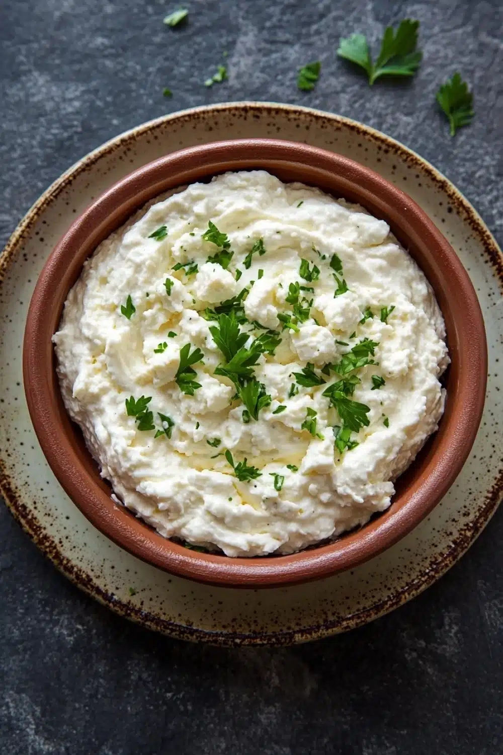 Whipped feta goat cheese dip - the image is a close-up of a bowl of mashed potatoes. the bowl is made of terracotta and has a brown rim with a speckled pattern. the mashed potatoes are creamy and smooth, and are topped with a generous amount of chopped parsley. the background is a dark grey textured surface, and there are a few sprigs of parsley scattered around the bowl. the overall mood of the image is rustic and appetizing.
