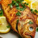 Whole tilapia in air fryer - the image shows a plate of cooked fish, specifically a tilapia, on a wooden table. the fish is golden brown and appears to be seasoned with herbs and spices. it is garnished with fresh parsley and sliced lemons. the plate is white and round, and the fish is arranged in a way that it looks like it is ready to eat. the background is blurred, but it seems to be a kitchen countertop.