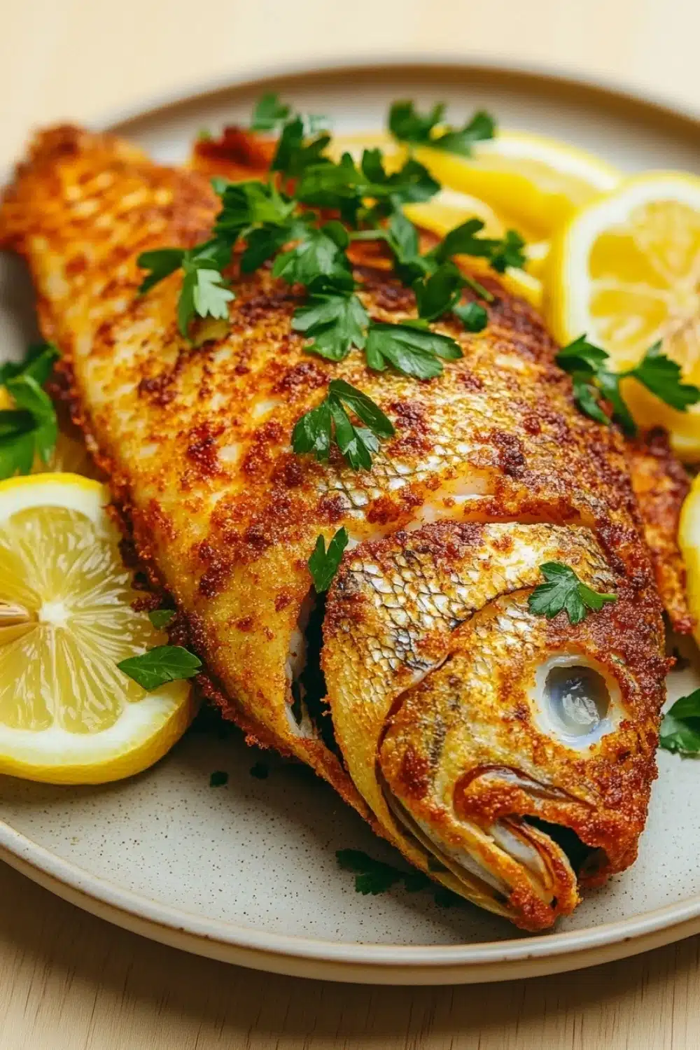 Whole tilapia in air fryer - the image shows a plate of cooked fish, specifically a tilapia, on a wooden table. the fish is golden brown and appears to be seasoned with herbs and spices. it is garnished with fresh parsley and sliced lemons. the plate is white and round, and the fish is arranged in a way that it looks like it is ready to eat. the background is blurred, but it seems to be a kitchen countertop.