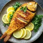 Whole tilapia in air fryer - the image shows a whole fish on a plate with lemon wedges and parsley. the fish appears to be a tilapia, with a golden-brown color and a crispy texture. it is garnished with a sprig of fresh parsley and a few slices of lemon. the plate is white with a speckled pattern and is placed on a dark grey background. the overall presentation of the dish is elegant and appetizing.