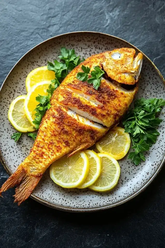 Whole tilapia in air fryer - the image shows a whole fish on a plate with lemon wedges and parsley. the fish appears to be a tilapia, with a golden-brown color and a crispy texture. it is garnished with a sprig of fresh parsley and a few slices of lemon. the plate is white with a speckled pattern and is placed on a dark grey background. the overall presentation of the dish is elegant and appetizing.