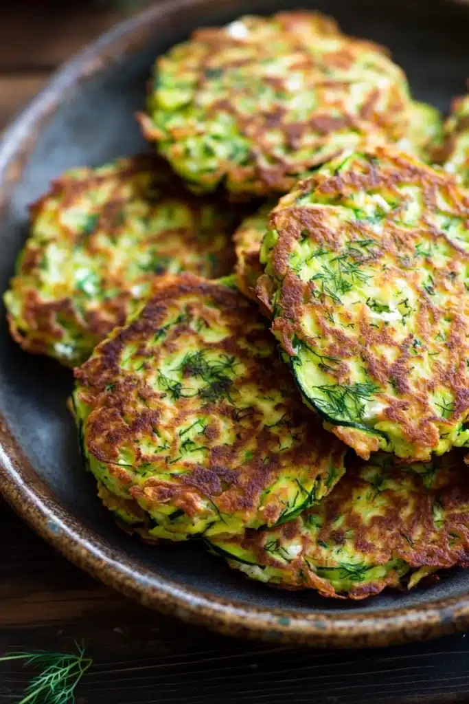Zucchini feta fritters - the image shows a plate of zucchini fritters on a wooden table. the plate is made of dark brown ceramic and has a textured surface. the zucchinis are golden brown and appear to be freshly cooked. they are arranged in a circular pattern on the plate, with some overlapping each other. there are also some dill leaves scattered around the plate. the background is blurred, but it appears to be a rustic kitchen countertop.