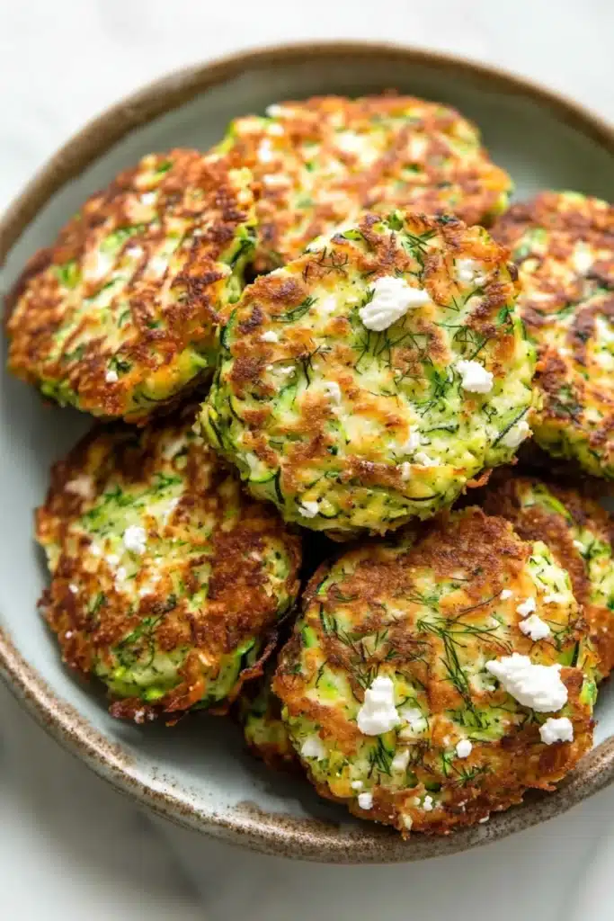 Zucchini feta fritters - the image shows a plate of zucchini fritters. the plate is made of ceramic and has a light brown color. the fritter in the center of the plate is golden brown and appears to be crispy on the outside. it is garnished with chopped herbs and crumbled feta cheese. the zucchinis are arranged in a circular pattern on the plate, with some overlapping each other. the background is white, making the plate and its contents stand out.